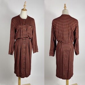 VINTAGE 90s Moda Intl Gingham Plaid Clay & Black Long Sleeve Button Dress Medium